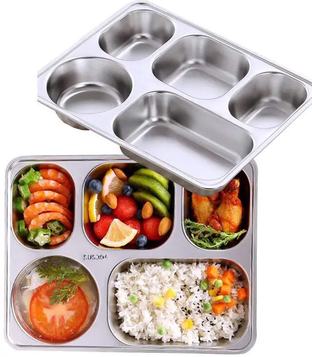 Main image of Set of 2 Stainless Steel Rectangular Divided Plates Tray 5 Sections Dinner Plates for Adults - Unbreakable Metal Plate for Campers, and Portion Control Reusable Plate