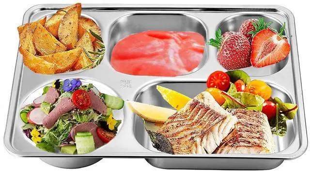 Alt view image 3 of 7 - Set of 2 Stainless Steel Rectangular Divided Plates Tray 5 Sections Dinner Plates for Adults - Unbreakable Metal Plate for Campers, and Portion Control Reusable Plate