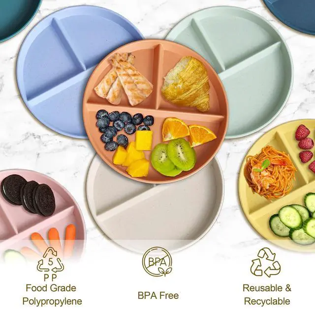 Alt view image 4 of 7 - Divided Plates for Adults (8 Packs), Unbreakable Portion Control Plate Sectioned with Dividers, 9 Inch Plastic Food Separator Dinner Plates Lightweight Compartment BPA Free Reusable Microwave Safe