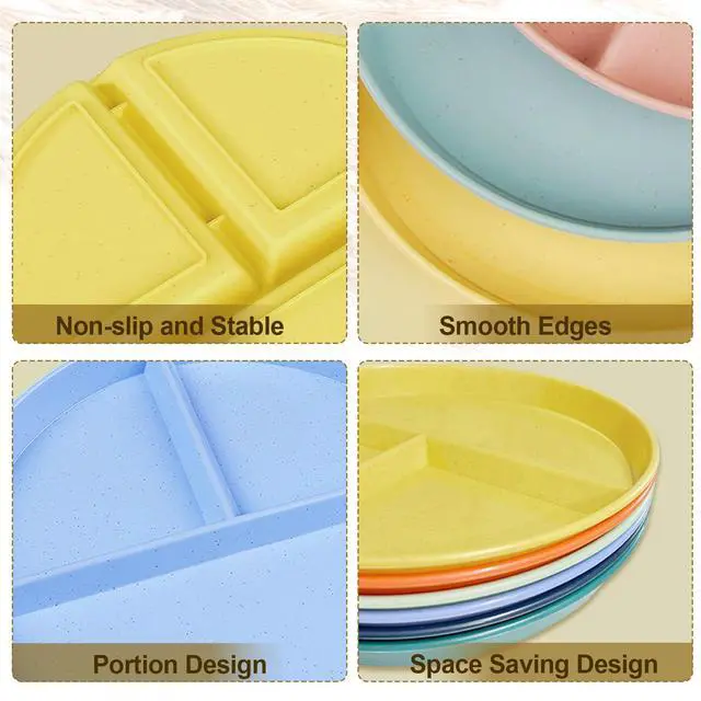 Alt view image 7 of 7 - Divided Plates for Adults (8 Packs), Unbreakable Portion Control Plate Sectioned with Dividers, 9 Inch Plastic Food Separator Dinner Plates Lightweight Compartment BPA Free Reusable Microwave Safe