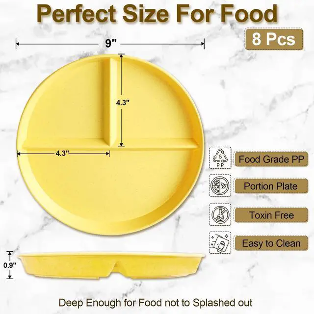 Alt view image 6 of 7 - Divided Plates for Adults (8 Packs), Unbreakable Portion Control Plate Sectioned with Dividers, 9 Inch Plastic Food Separator Dinner Plates Lightweight Compartment BPA Free Reusable Microwave Safe