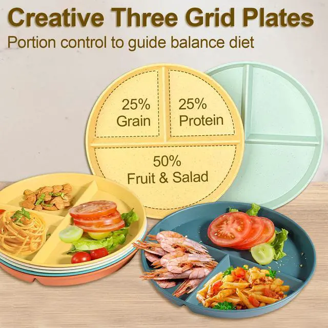 Alt view image 3 of 7 - Divided Plates for Adults (8 Packs), Unbreakable Portion Control Plate Sectioned with Dividers, 9 Inch Plastic Food Separator Dinner Plates Lightweight Compartment BPA Free Reusable Microwave Safe