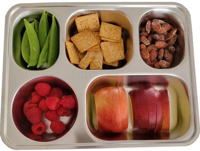 Alt view image 7 of 7 - Set of 2 Stainless Steel Rectangular Divided Plates Tray 5 Sections Dinner Plates for Adults - Unbreakable Metal Plate for Campers, and Portion Control Reusable Plate