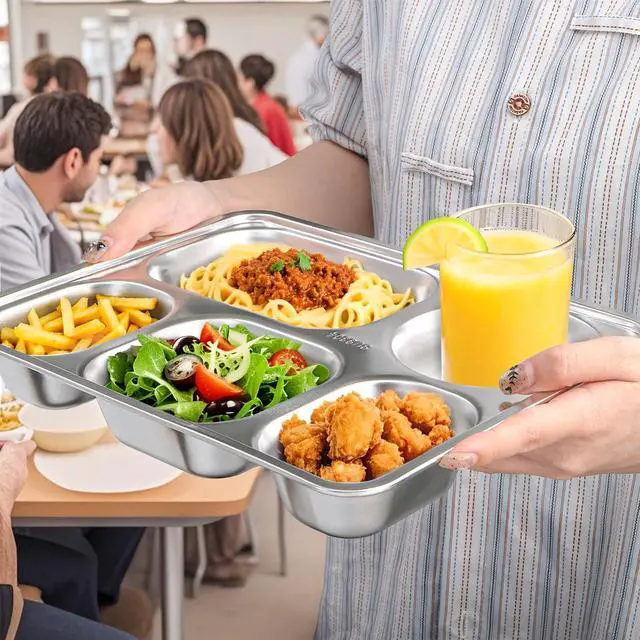 Alt view image 5 of 7 - 3 Pack Stainless Steel Rectangular Divided Plates Tray, 5 Sections Dinner Plates for Adults,Kids, Picky Eaters, Campers, and Portion Control