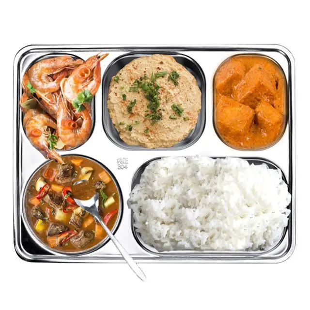Alt view image 6 of 7 - 3 Pack Stainless Steel Rectangular Divided Plates Tray, 5 Sections Dinner Plates for Adults,Kids, Picky Eaters, Campers, and Portion Control