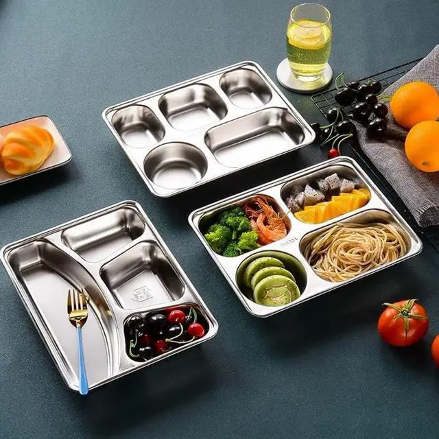 Alt view image 7 of 7 - 3 Pack Stainless Steel Rectangular Divided Plates Tray, 5 Sections Dinner Plates for Adults,Kids, Picky Eaters, Campers, and Portion Control
