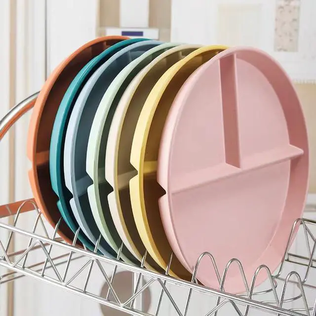 Alt view image 2 of 7 - 9" Unbreakable Divided Plates Set of 5, Wheat Straw Plate Reusable Dinnerware Portion Control Plates, Round Bariatric Plastic Plate for Kids Adults, BPA-free, Dishwasher Safe