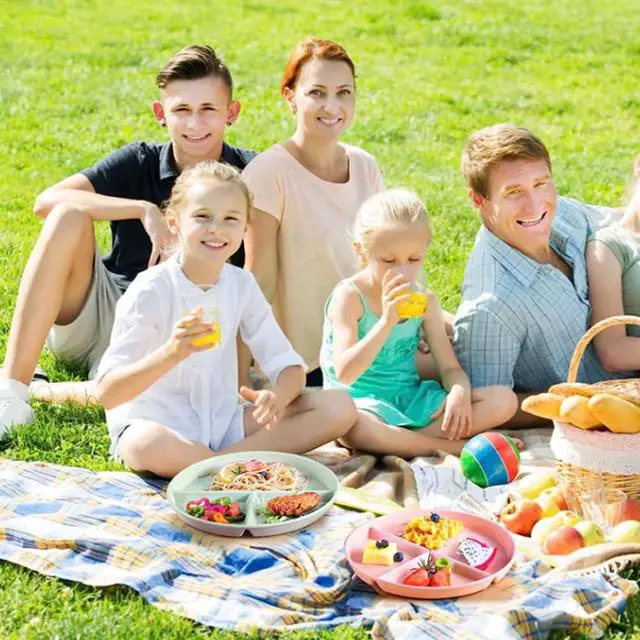 Alt view image 4 of 7 - 9" Unbreakable Divided Plates Set of 5, Wheat Straw Plate Reusable Dinnerware Portion Control Plates, Round Bariatric Plastic Plate for Kids Adults, BPA-free, Dishwasher Safe