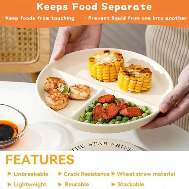 Alt view image 4 of 7 - Unbreakable Divided Plates 5PCS for Kids Adults, Compartment Plates, Lightweight Reusable Dinnerware Portion Control Plastic (5Pack- 9IN)