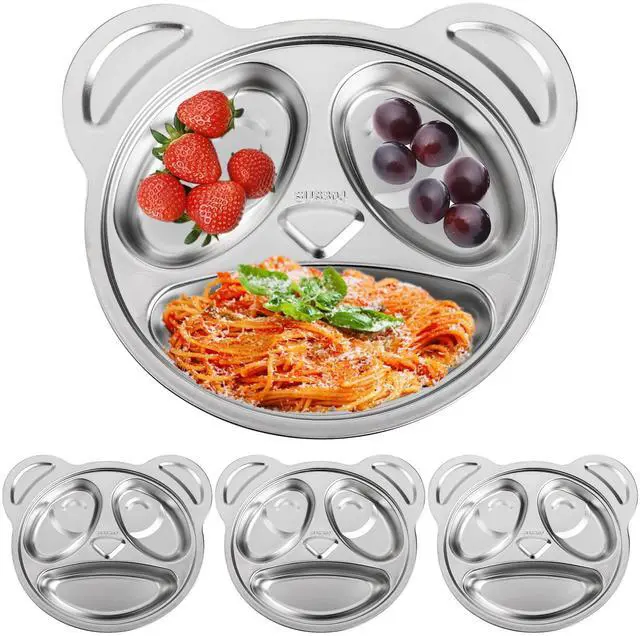 Main image of Set of 4 Stainless Steel Divided Plates, 3 Sections Unbreakable Dinner Plates, Cute Panda Shape Divided Plates for Picky Eaters, Lunch, Camping