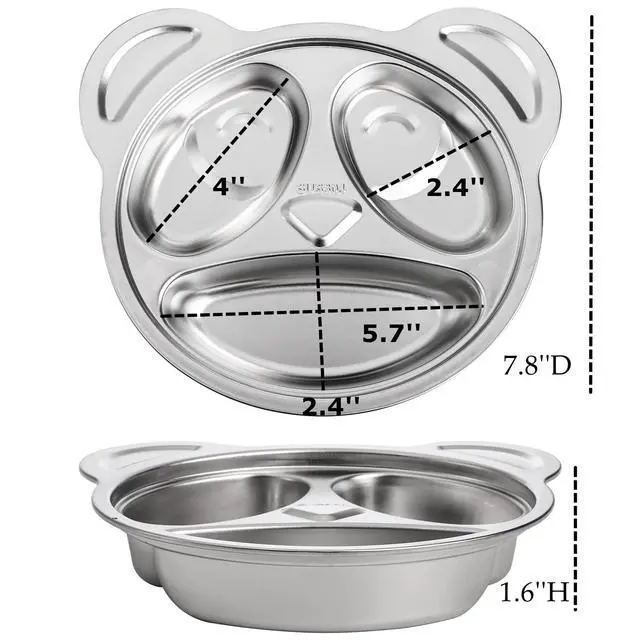 Alt view image 4 of 7 - Set of 4 Stainless Steel Divided Plates, 3 Sections Unbreakable Dinner Plates, Cute Panda Shape Divided Plates for Picky Eaters, Lunch, Camping