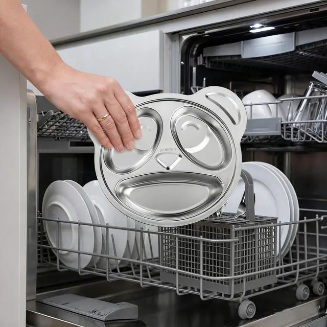 Alt view image 5 of 7 - Set of 4 Stainless Steel Divided Plates, 3 Sections Unbreakable Dinner Plates, Cute Panda Shape Divided Plates for Picky Eaters, Lunch, Camping