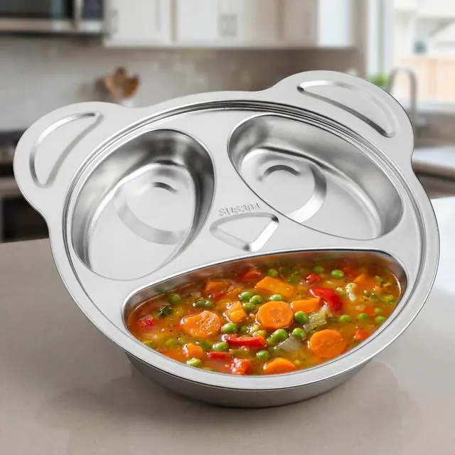 Alt view image 6 of 7 - Set of 4 Stainless Steel Divided Plates, 3 Sections Unbreakable Dinner Plates, Cute Panda Shape Divided Plates for Picky Eaters, Lunch, Camping