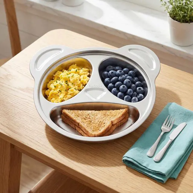 Alt view image 7 of 7 - Set of 4 Stainless Steel Divided Plates, 3 Sections Unbreakable Dinner Plates, Cute Panda Shape Divided Plates for Picky Eaters, Lunch, Camping