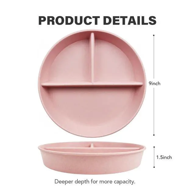 Alt view image 2 of 7 - 9 Inch 4PCS Divided Plates with Lids, Portion Control Plates for Kids Adults, Dishwasher Microwave Safe Compartment Plate, Unbreakable Lightweight Reusable Wheat Straw Plate Set, INS