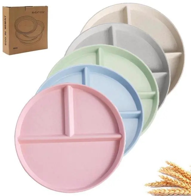 Main image of 9" Unbreakable Divided Plates Set of 5, Wheat Straw Plate Reusable Dinnerware Portion Control Plates, Round Bariatric Plastic Plate for Kids Adults, BPA-free, Dishwasher Safe