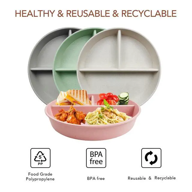 Alt view image 4 of 7 - 9 Inch 4PCS Divided Plates with Lids, Portion Control Plates for Kids Adults, Dishwasher Microwave Safe Compartment Plate, Unbreakable Lightweight Reusable Wheat Straw Plate Set, INS