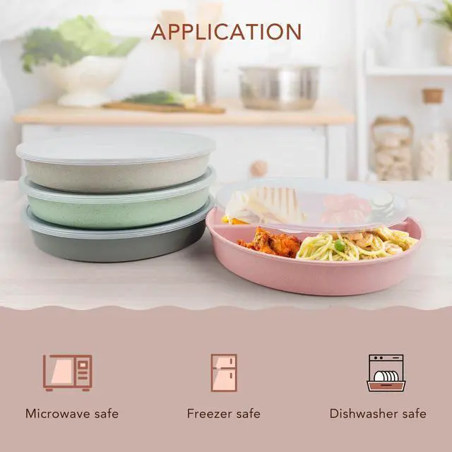Alt view image 3 of 7 - 9 Inch 4PCS Divided Plates with Lids, Portion Control Plates for Kids Adults, Dishwasher Microwave Safe Compartment Plate, Unbreakable Lightweight Reusable Wheat Straw Plate Set, INS
