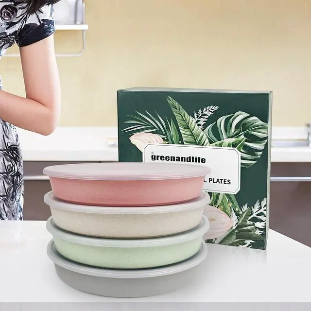 Alt view image 6 of 7 - 9 Inch 4PCS Divided Plates with Lids, Portion Control Plates for Kids Adults, Dishwasher Microwave Safe Compartment Plate, Unbreakable Lightweight Reusable Wheat Straw Plate Set, INS