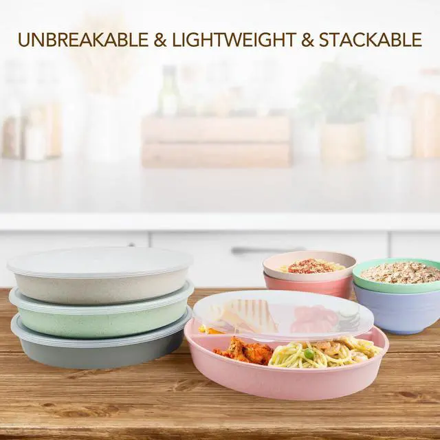 Alt view image 5 of 7 - 9 Inch 4PCS Divided Plates with Lids, Portion Control Plates for Kids Adults, Dishwasher Microwave Safe Compartment Plate, Unbreakable Lightweight Reusable Wheat Straw Plate Set, INS