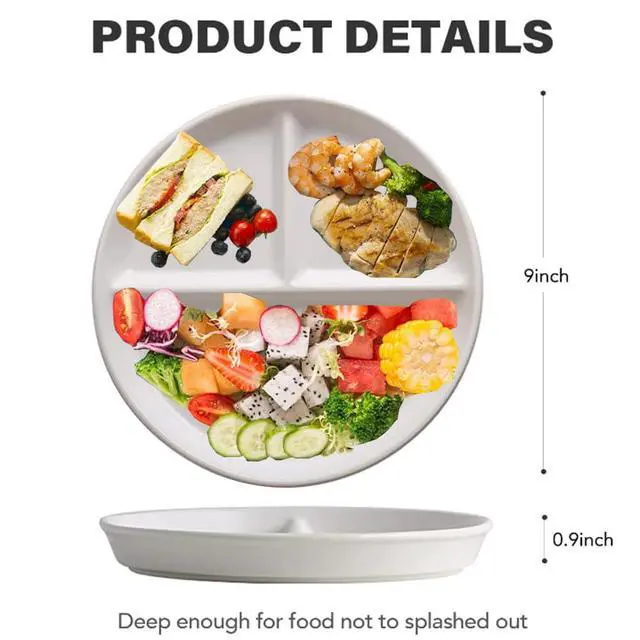 Alt view image 5 of 7 - 9" Unbreakable Divided Plates Set of 5, Wheat Straw Plate Reusable Dinnerware Portion Control Plates, Round Bariatric Plastic Plate for Kids Adults, BPA-free, Dishwasher Safe