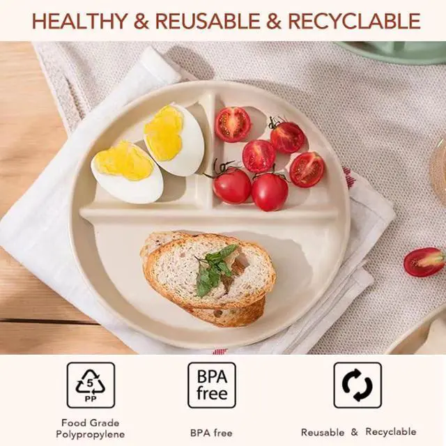 Alt view image 7 of 7 - 9" Unbreakable Divided Plates Set of 5, Wheat Straw Plate Reusable Dinnerware Portion Control Plates, Round Bariatric Plastic Plate for Kids Adults, BPA-free, Dishwasher Safe