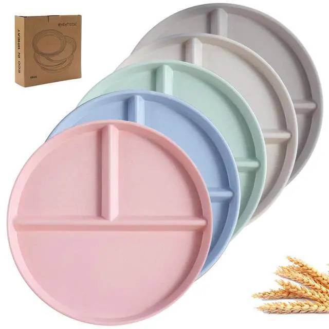 Alt view image 7 of 7 - Unbreakable Divided Dinner Plate Set of 5, Wheat Straw Plates BPA Free 9 Inch, Portion Control Plate Healthy Eating & Bariatric Diet Divided Plates, Dinner Diet Plates for Kids