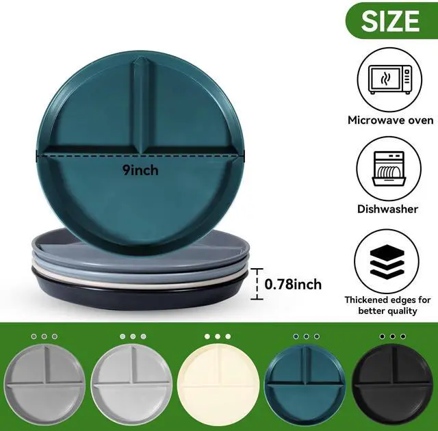 Alt view image 5 of 6 - Portion Control Plate For Adults 9 Inch 5Pcs, Round Divided Plates for Adults, 3 Compartment Plates With DividersMicrowave And Dishwasher Safe