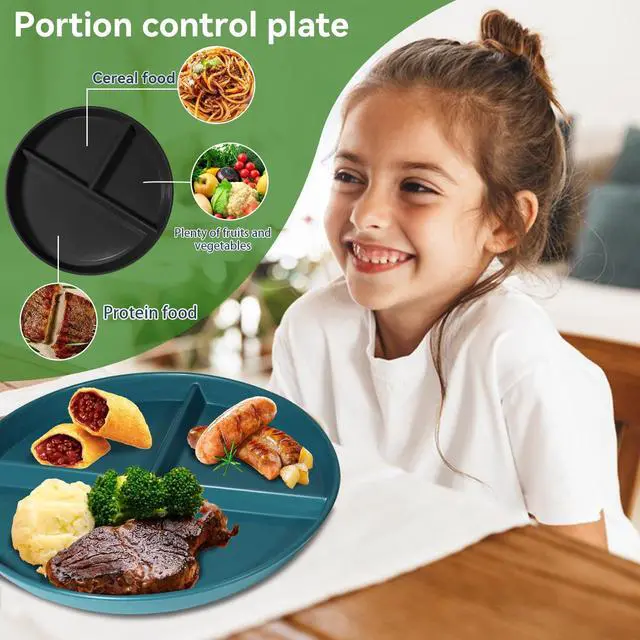 Alt view image 3 of 6 - Portion Control Plate For Adults 9 Inch 5Pcs, Round Divided Plates for Adults, 3 Compartment Plates With DividersMicrowave And Dishwasher Safe