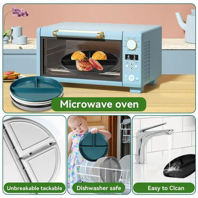 Alt view image 4 of 6 - Portion Control Plate For Adults 9 Inch 5Pcs, Round Divided Plates for Adults, 3 Compartment Plates With DividersMicrowave And Dishwasher Safe