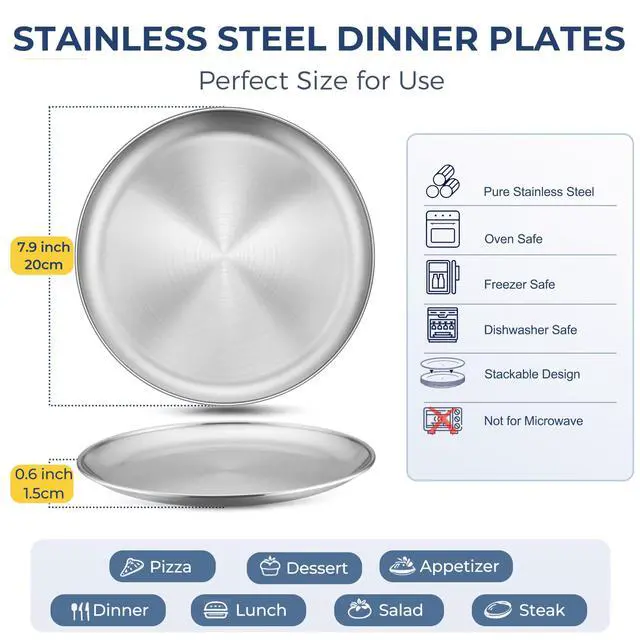 Alt view image 2 of 7 - 6 Pack Stainless Steel Plates, 8 Inch Metal Kids Toddler Dinner Plate Set for Kids Toddler Children, Round Camping Plates for Serving Dishes Dessert Salad, Dishwasher Safe & Reusable