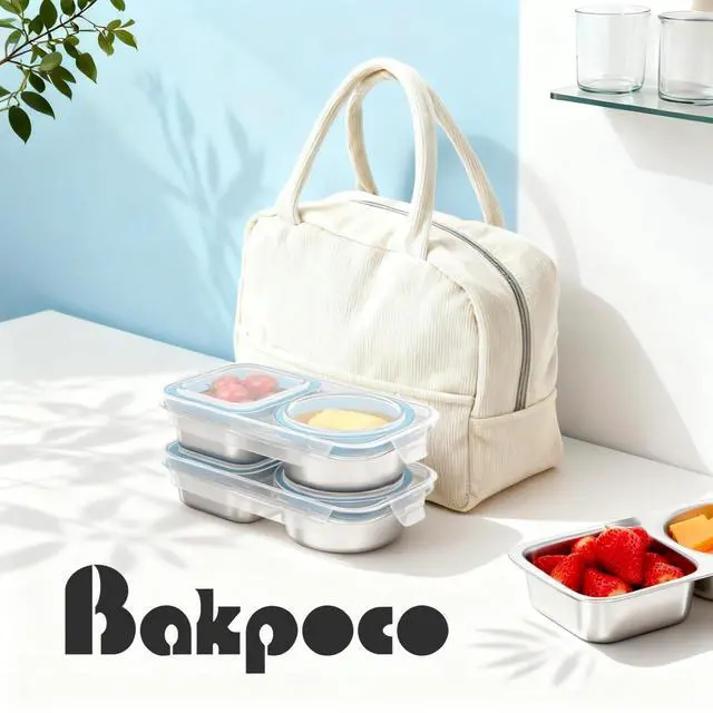 Alt view image 3 of 7 - 3 Packs Stainless Steel Snack Containers For Kids Adults, 2 Compartment Reusable Metal Snack Boxes With Leak-Proof Lids, Compact Lunch Food Storage Container