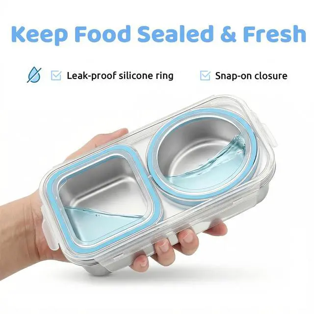 Alt view image 4 of 7 - 3 Packs Stainless Steel Snack Containers For Kids Adults, 2 Compartment Reusable Metal Snack Boxes With Leak-Proof Lids, Compact Lunch Food Storage Container