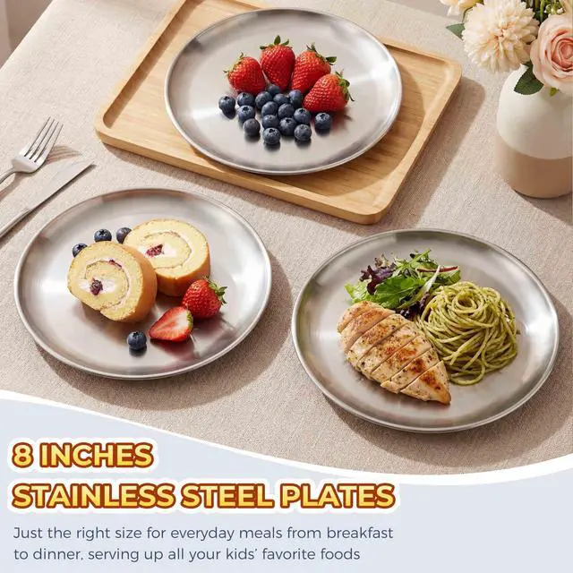 Alt view image 3 of 7 - 6 Pack Stainless Steel Plates, 8 Inch Metal Kids Toddler Dinner Plate Set for Kids Toddler Children, Round Camping Plates for Serving Dishes Dessert Salad, Dishwasher Safe & Reusable