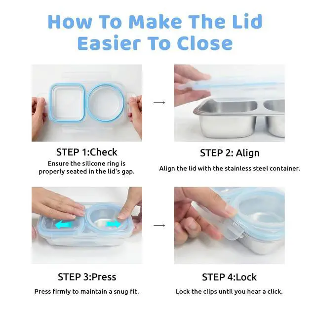 Alt view image 7 of 7 - 3 Packs Stainless Steel Snack Containers For Kids Adults, 2 Compartment Reusable Metal Snack Boxes With Leak-Proof Lids, Compact Lunch Food Storage Container