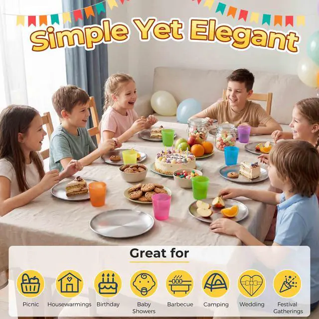 Alt view image 5 of 7 - 6 Pack Stainless Steel Plates, 8 Inch Metal Kids Toddler Dinner Plate Set for Kids Toddler Children, Round Camping Plates for Serving Dishes Dessert Salad, Dishwasher Safe & Reusable