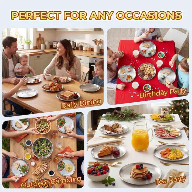 Alt view image 6 of 7 - 6 Pack Stainless Steel Plates, 8 Inch Metal Kids Toddler Dinner Plate Set for Kids Toddler Children, Round Camping Plates for Serving Dishes Dessert Salad, Dishwasher Safe & Reusable