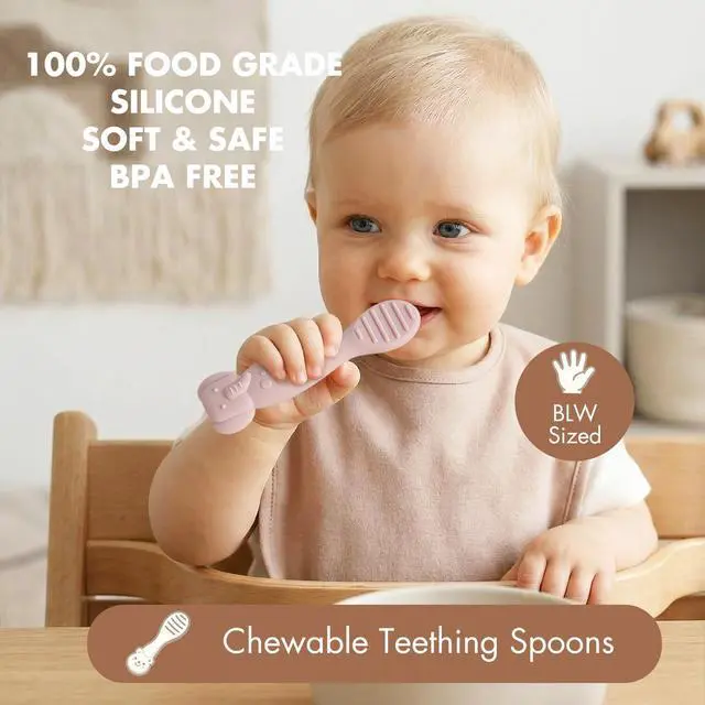 Alt view image 3 of 7 - Silicone Baby Spoons for Self Feeding 3M+, Stage 1 Infant Feeding Spoons and Teething Toy 2-in-1, Soft Tip Toddler Chewable Utensils for BLW Led Weaning, BPA Free Easy Grip Short Handle 6PK