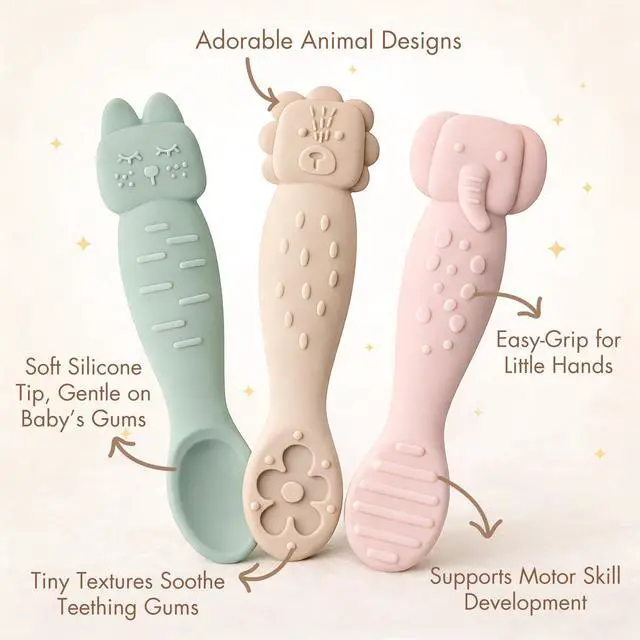 Alt view image 2 of 7 - Silicone Baby Spoons for Self Feeding 3M+, Stage 1 Infant Feeding Spoons and Teething Toy 2-in-1, Soft Tip Toddler Chewable Utensils for BLW Led Weaning, BPA Free Easy Grip Short Handle 6PK
