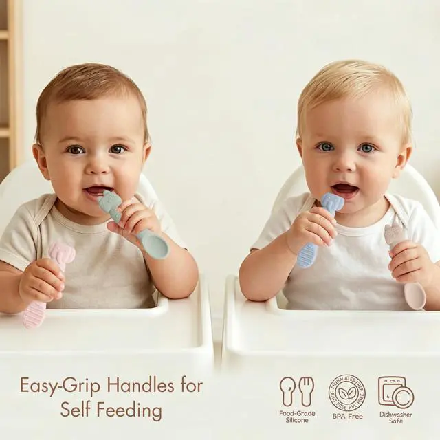 Alt view image 5 of 7 - Silicone Baby Spoons for Self Feeding 3M+, Stage 1 Infant Feeding Spoons and Teething Toy 2-in-1, Soft Tip Toddler Chewable Utensils for BLW Led Weaning, BPA Free Easy Grip Short Handle 6PK