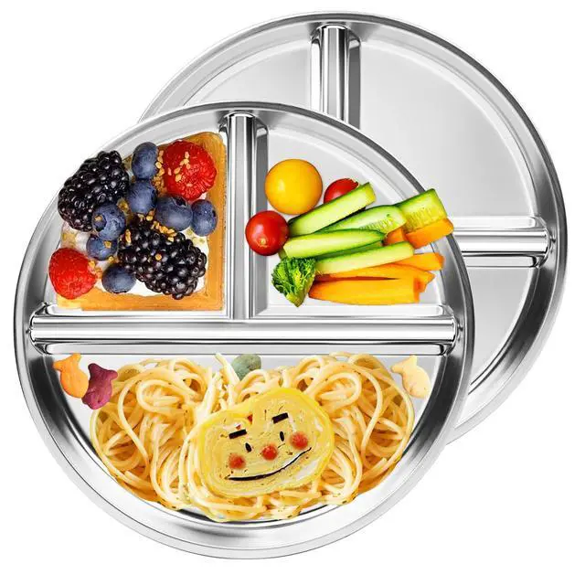 Main image of Stainless Steel Kids Plates 2 Packs, 9" Toddlers Divided Plates, Portion Control Plate for Bariatric Adults, Non Toxic Unbreakable Baby Dinner Dishes, 304 Metal Camping Food Tray
