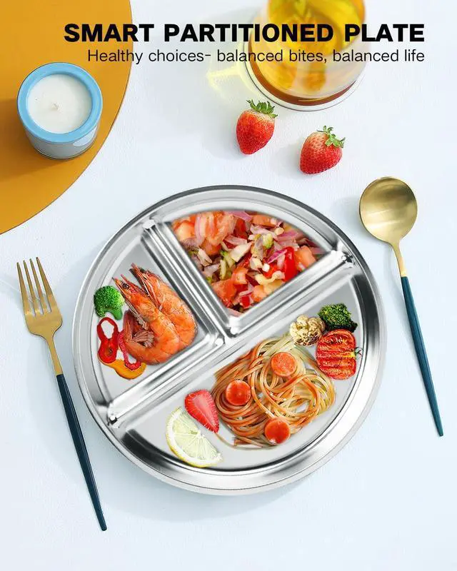 Alt view image 4 of 7 - Stainless Steel Kids Plates 2 Packs, 9" Toddlers Divided Plates, Portion Control Plate for Bariatric Adults, Non Toxic Unbreakable Baby Dinner Dishes, 304 Metal Camping Food Tray