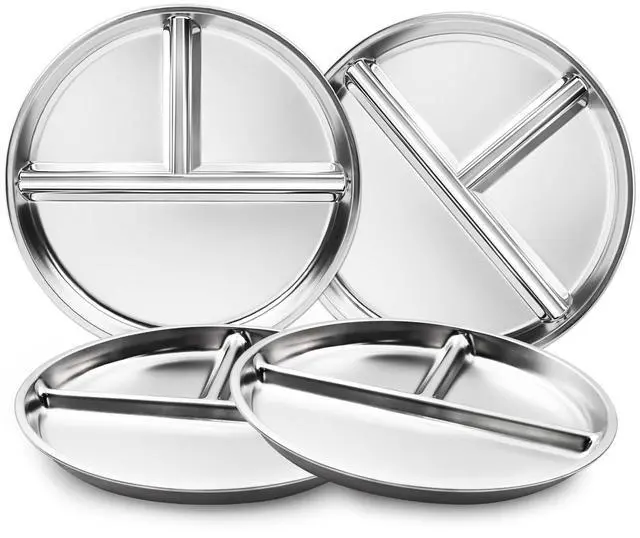 Main image of Stainless Steel Kids Plates Set of 4, 9" Portion Control Plates Divided Plate for Adults Toddlers Balance Lunch, Bariatric & Diabetic Diet, Non Toxic Camping Metal Snack Plate for Eating