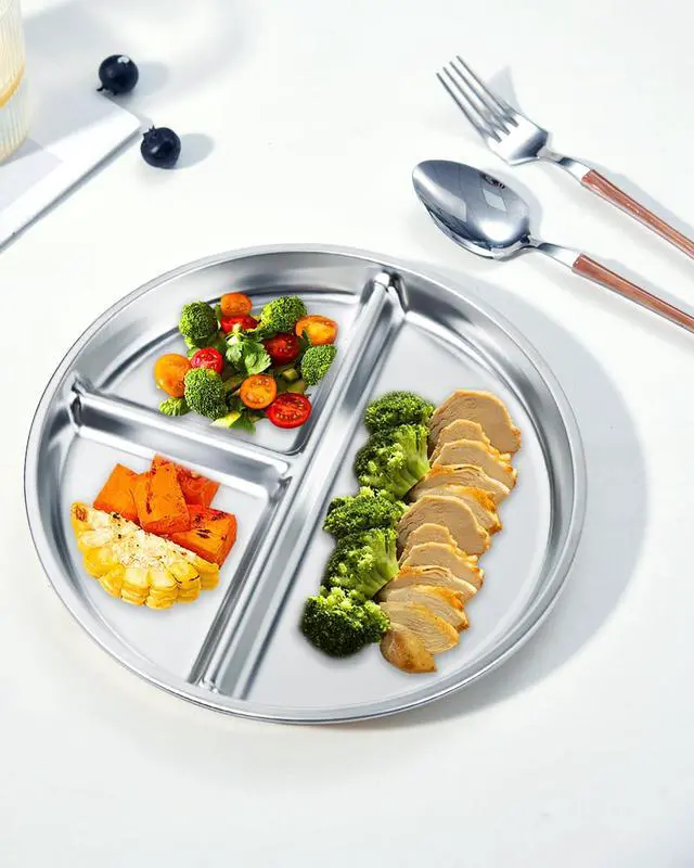 Alt view image 6 of 7 - Stainless Steel Kids Plates Set of 4, 9" Portion Control Plates Divided Plate for Adults Toddlers Balance Lunch, Bariatric & Diabetic Diet, Non Toxic Camping Metal Snack Plate for Eating