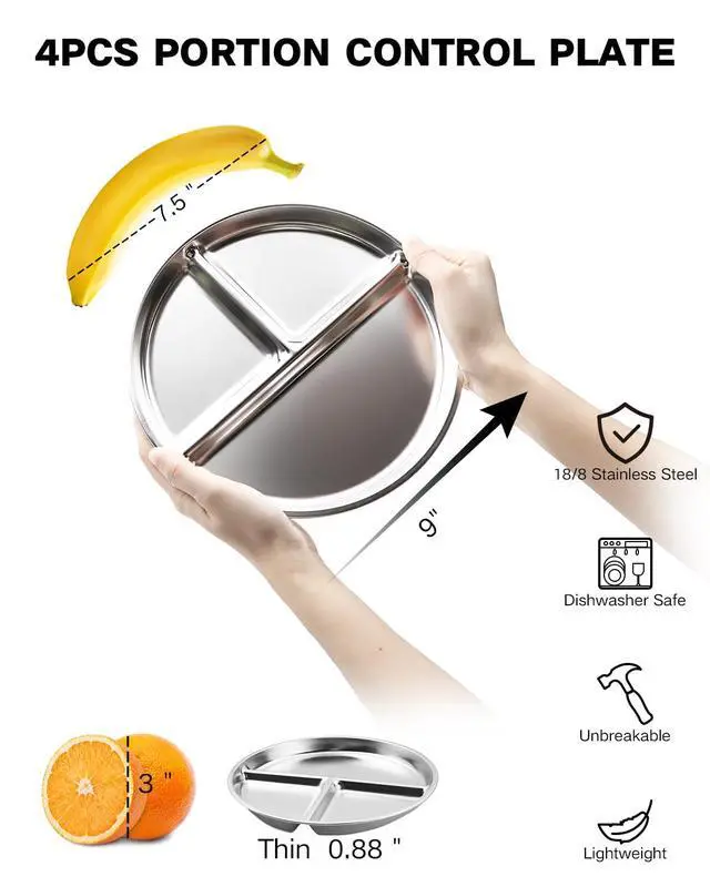Alt view image 2 of 7 - Stainless Steel Kids Plates Set of 4, 9" Portion Control Plates Divided Plate for Adults Toddlers Balance Lunch, Bariatric & Diabetic Diet, Non Toxic Camping Metal Snack Plate for Eating
