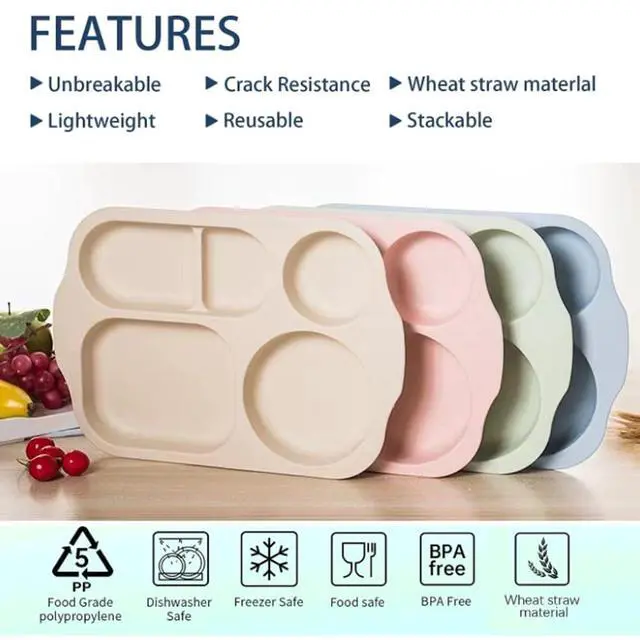 Alt view image 5 of 7 - Large 12 Inch Divided Plates for Kids Adults, Wheat Straw Portion Control Plate, Reusable Plastic Compartment Plates,Unbreakable Dinner Plates Dessert Plates, BPA Free