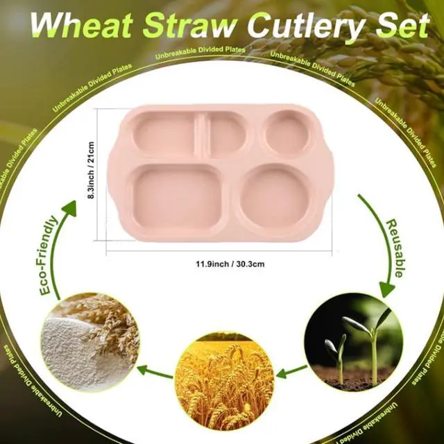 Alt view image 6 of 7 - Large 12 Inch Divided Plates for Kids Adults, Wheat Straw Portion Control Plate, Reusable Plastic Compartment Plates,Unbreakable Dinner Plates Dessert Plates, BPA Free