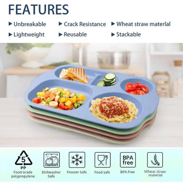 Alt view image 7 of 7 - Large 12 Inch Divided Plates for Kids Adults, Wheat Straw Portion Control Plate, Reusable Plastic Compartment Plates,Unbreakable Dinner Plates Dessert Plates, BPA Free