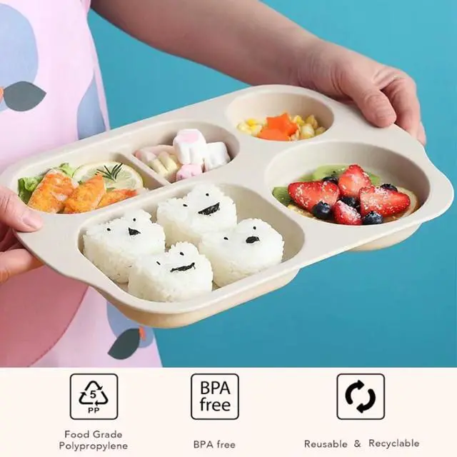 Alt view image 3 of 7 - Large 12 Inch Divided Plates for Kids Adults, Wheat Straw Portion Control Plate, Reusable Plastic Compartment Plates,Unbreakable Dinner Plates Dessert Plates, BPA Free