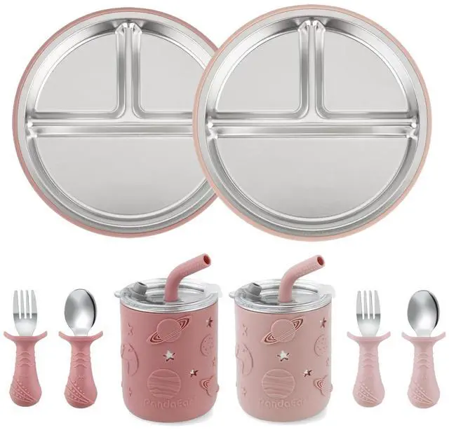 Main image of Stainless Steel Baby Feeding Set | 2 Divided Suction Plates, 2 Spill-Proof Straw Cups with Silicone Sleeves, 2 Forks & 2 Spoons | Toddler Utensils for Baby Led Weaning, BPA-Free (Pink)